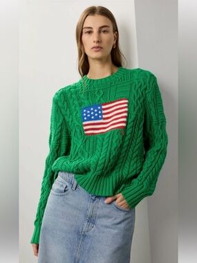 Ralph Lauren Kelly Green Cable-Knit Crewneck American Flag Sweater Sz Small New